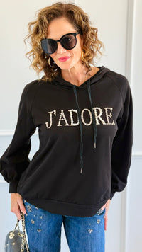 J'Adore Sparkle Italian Hoodie- Black-140 Sweaters-CRIS S.R.L.-Coastal Bloom Boutique, find the trendiest versions of the popular styles and looks Located in Indialantic, FL