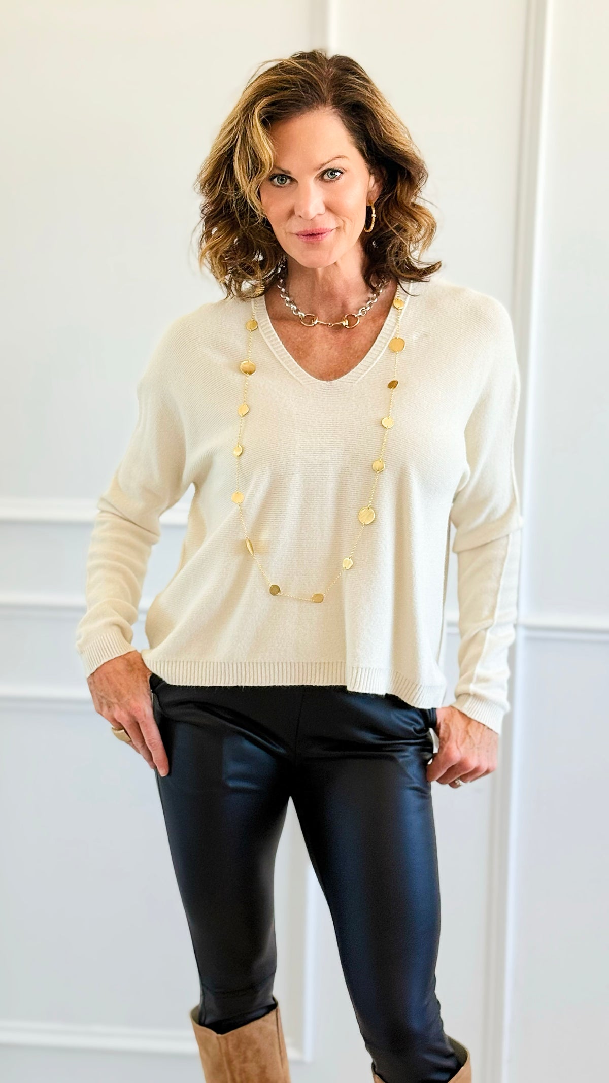Pure Luxe V-Neck Italian Sweater- Oyster-140 Sweaters-Aute-Coastal Bloom Boutique, find the trendiest versions of the popular styles and looks Located in Indialantic, FL