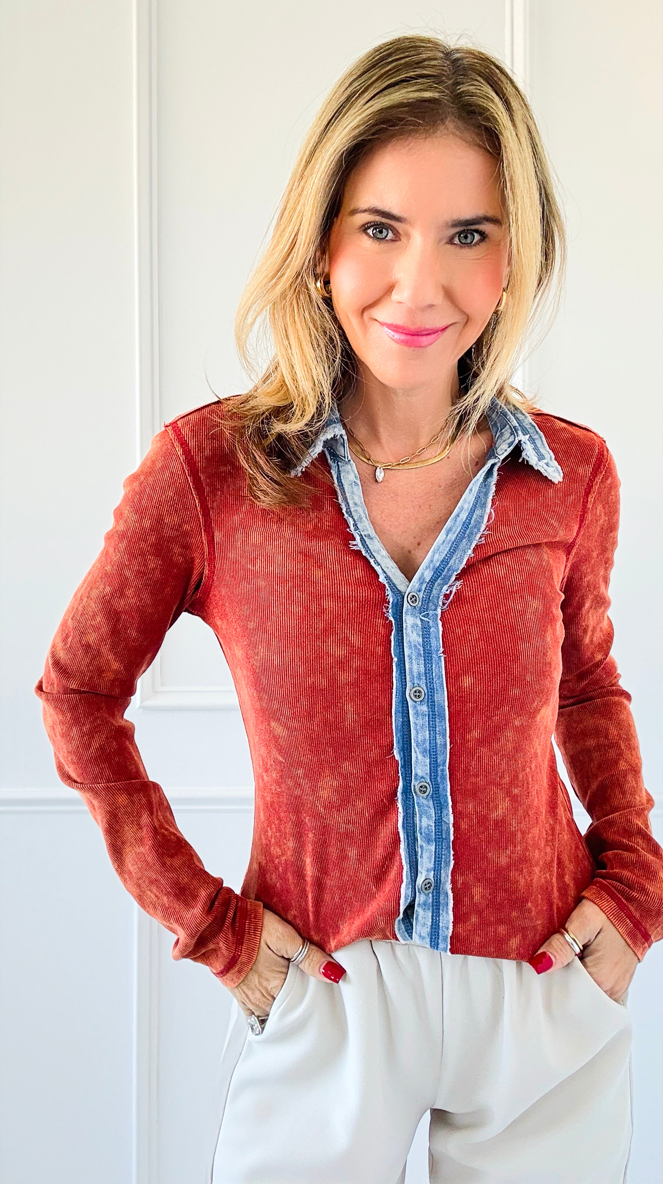 Distressed Denim Trim Button-Up Top - Red-130 Long Sleeve Tops-mystree-Coastal Bloom Boutique, find the trendiest versions of the popular styles and looks Located in Indialantic, FL