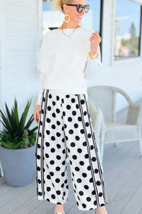 Playful Dot Lace Trim Wide Leg Pants -Off White