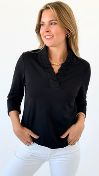 Tabatha Ruffle Neck Top- Black-110 Short Sleeve Tops-ARYEH-Coastal Bloom Boutique, find the trendiest versions of the popular styles and looks Located in Indialantic, FL