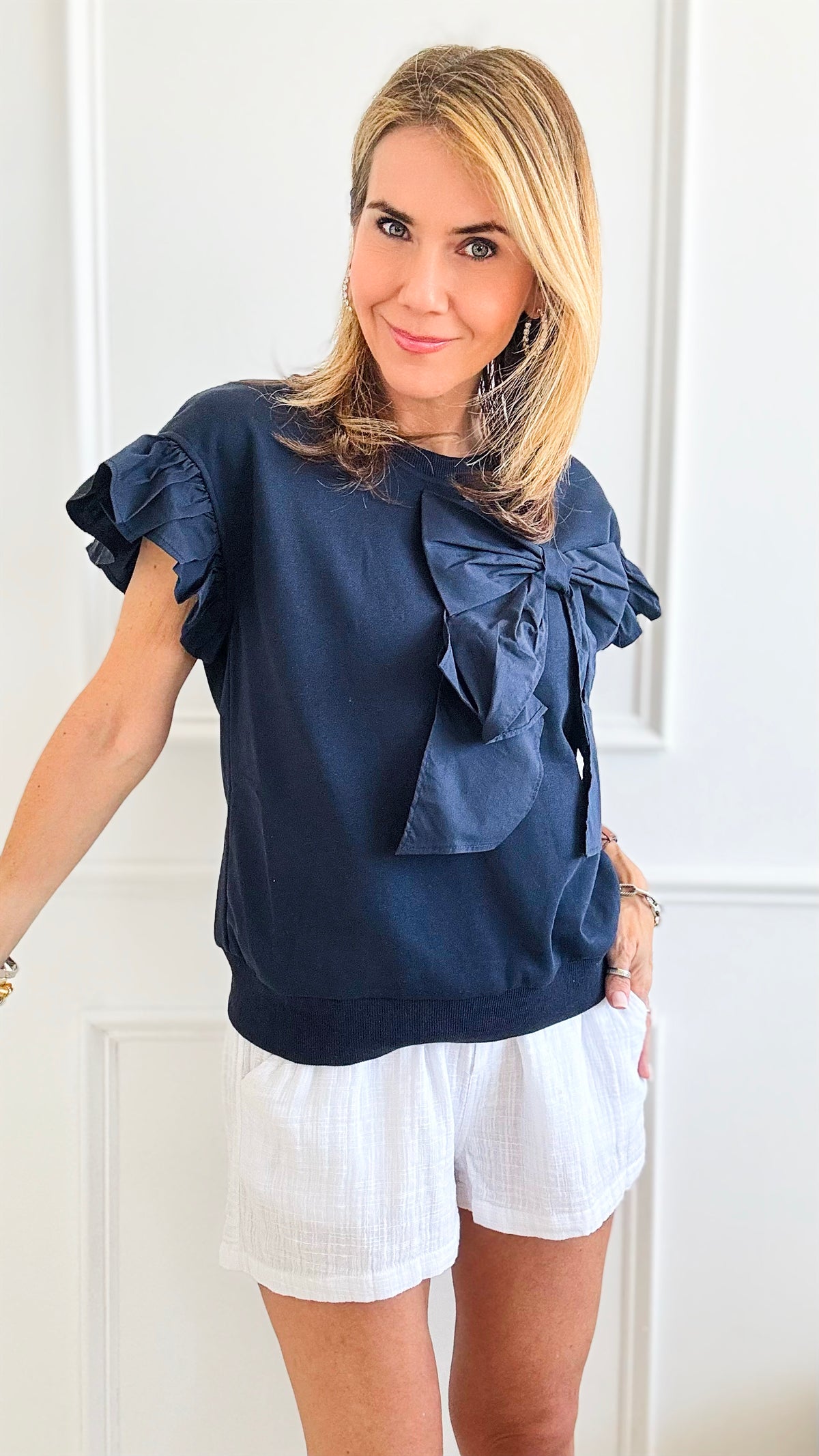 Bow Detailed Ruffle Sleeve Blouse-Navy-110 Short Sleeve Tops-VOY-Coastal Bloom Boutique, find the trendiest versions of the popular styles and looks Located in Indialantic, FL