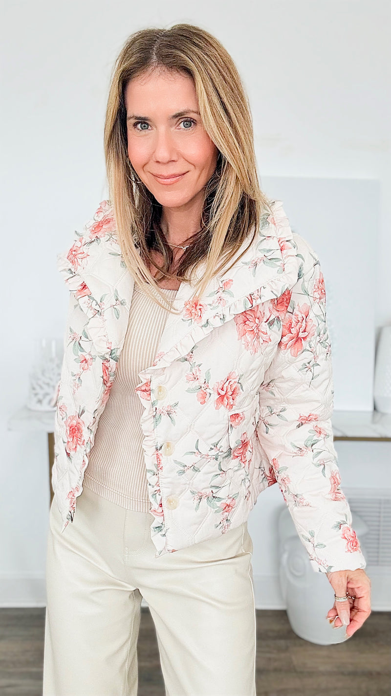 Cottage Rose Ruffle Quilted Puff Jacket-160 Jackets-STORIA-Coastal Bloom Boutique, find the trendiest versions of the popular styles and looks Located in Indialantic, FL