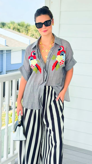 Tropical Bloom Parrot Embroidered Italian Button Top- Heather Grey