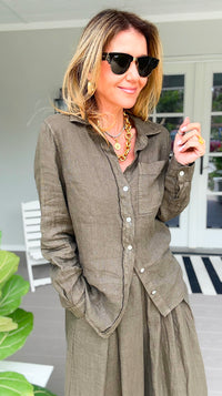 Tuscany Linen Italian Button Top- Army Green