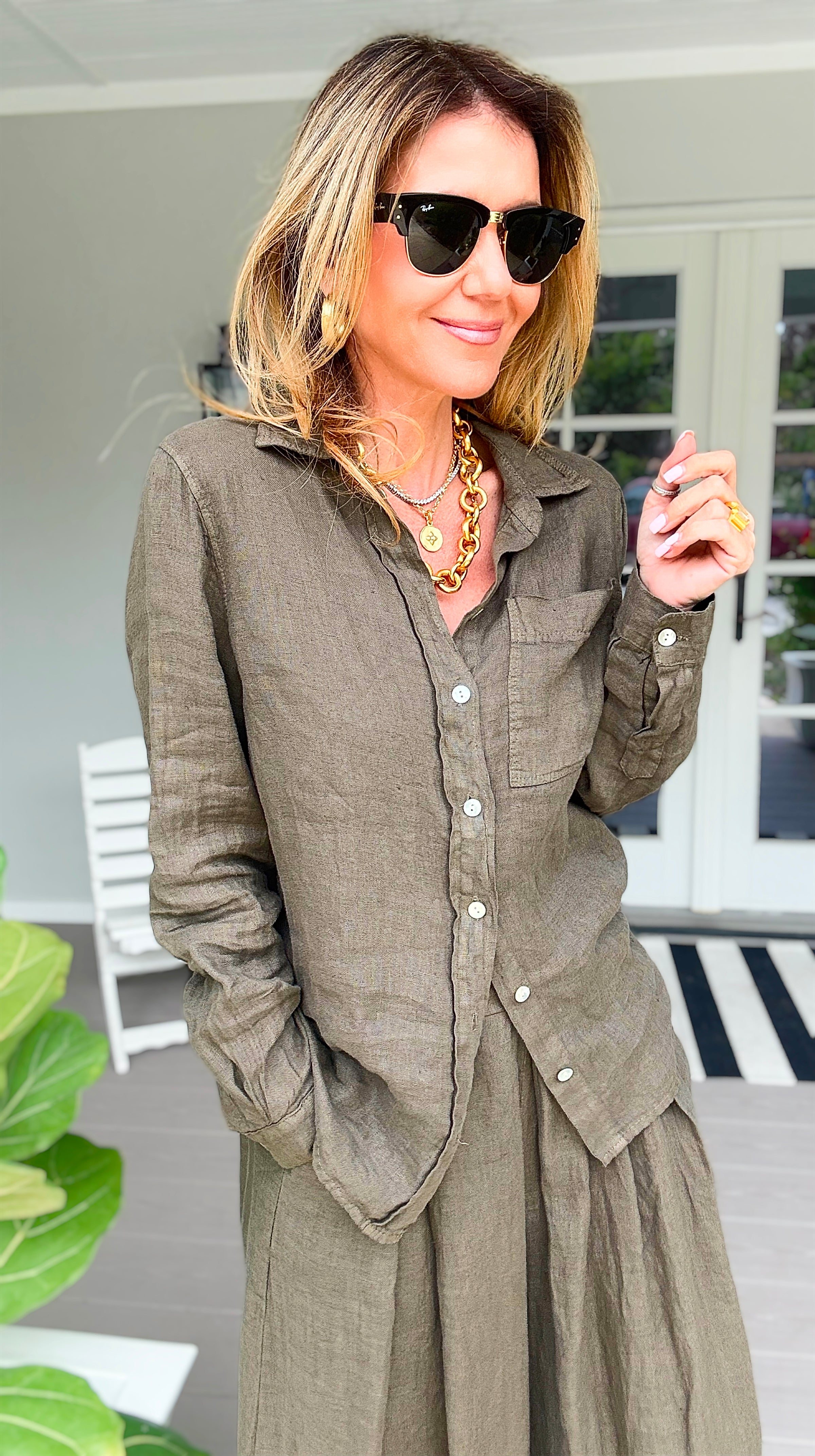 Tuscany Linen Italian Button Top- Army Green