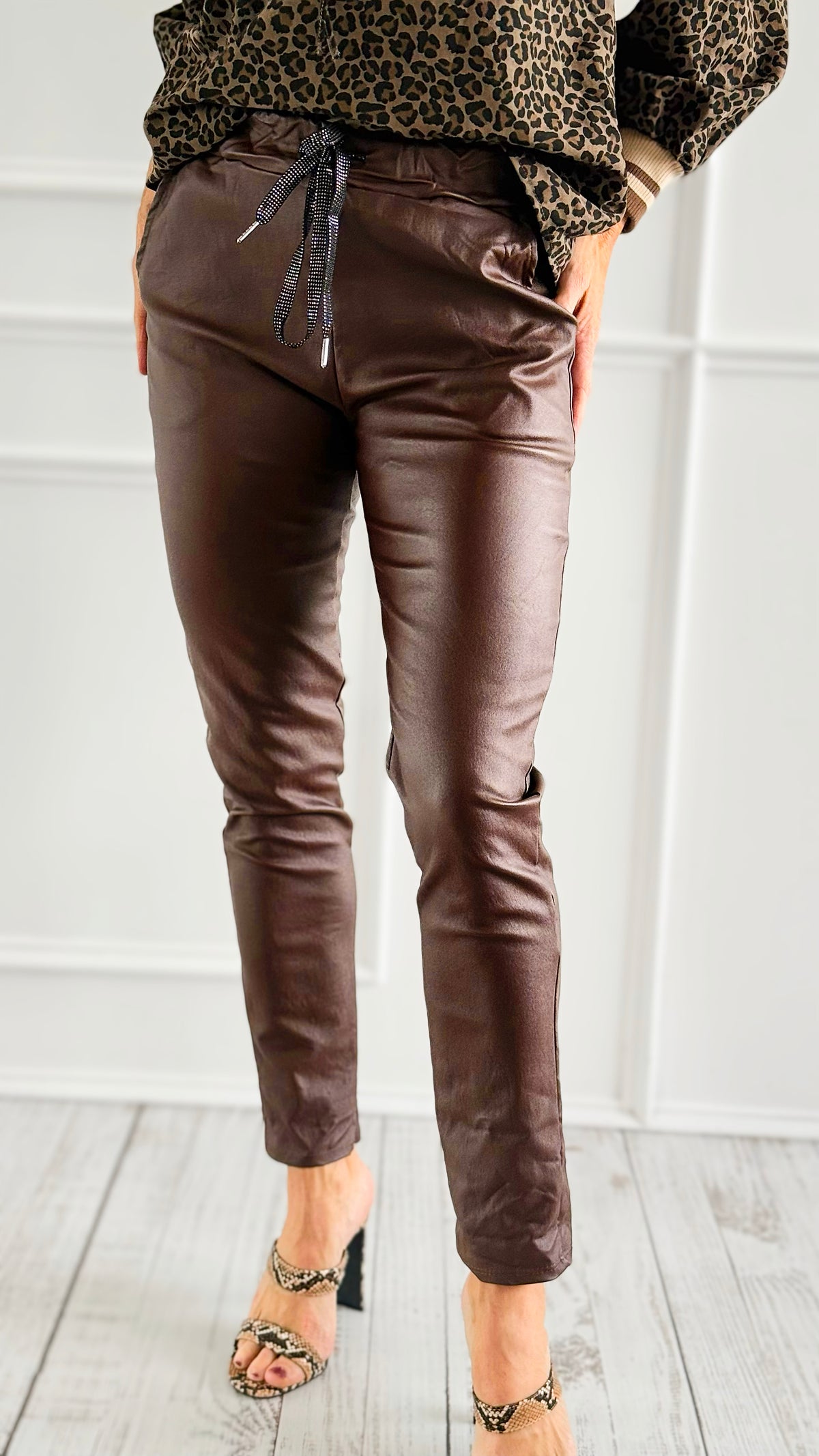 City Lights Faux Leather Italian Jogger - Brown-180 Joggers-Italianissimo/ SEE YOU IN ROME-Coastal Bloom Boutique, find the trendiest versions of the popular styles and looks Located in Indialantic, FL