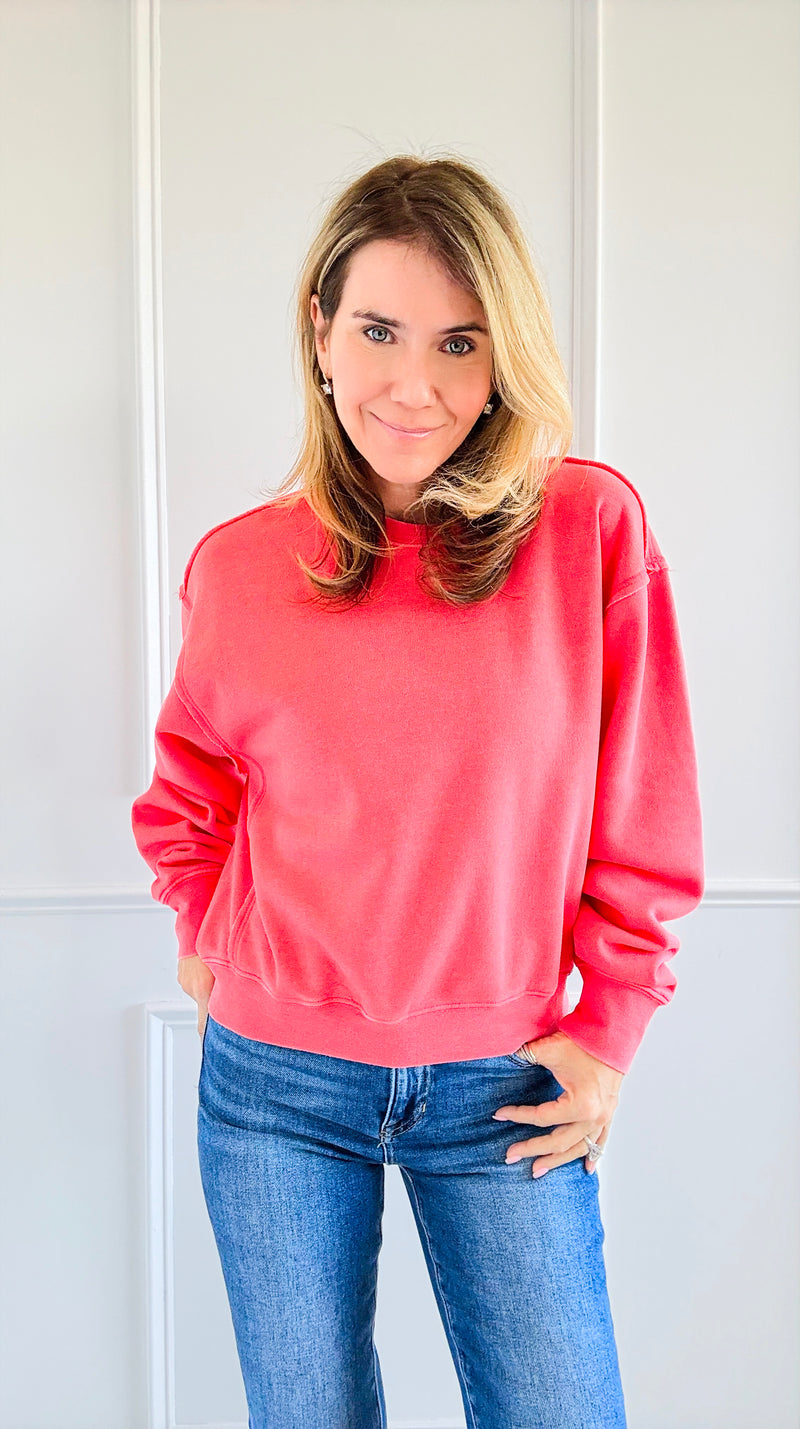 French Terry Sweatshirt - Coral-130 Long Sleeve Tops-HYFVE-Coastal Bloom Boutique, find the trendiest versions of the popular styles and looks Located in Indialantic, FL