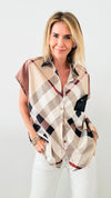 Elevated Plaid Short Sleeves Blouse-Beige-110 Short Sleeve Tops-CBALY-Coastal Bloom Boutique, find the trendiest versions of the popular styles and looks Located in Indialantic, FL