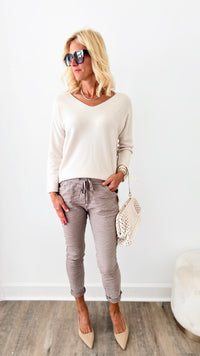 Soho Italian V-Neck Pullover - Ecru-140 Sweaters-Italianissimo-Coastal Bloom Boutique, find the trendiest versions of the popular styles and looks Located in Indialantic, FL