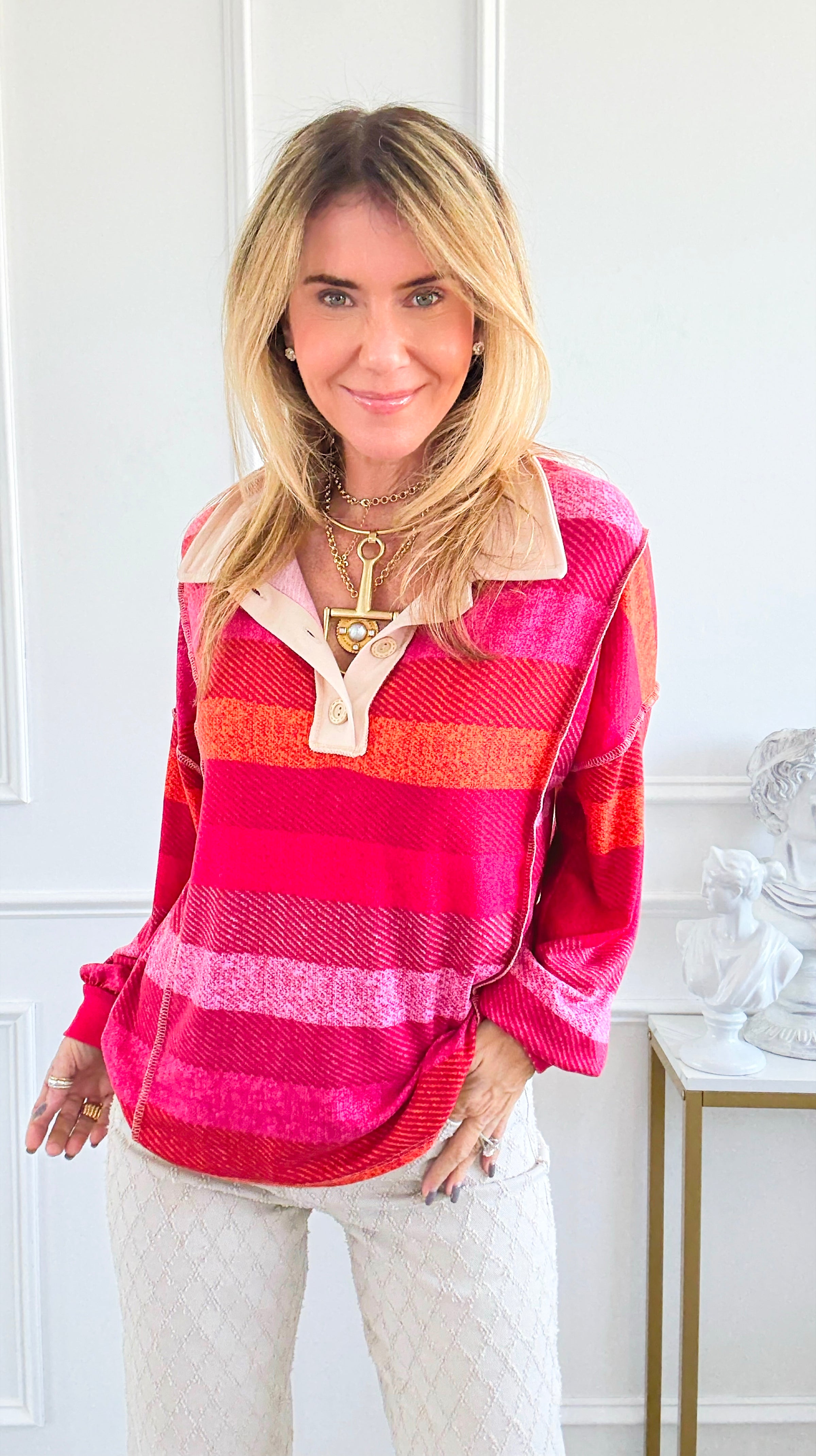 Sunset Stripes Polo Top-110 Long Sleeve Tops-ROUSSEAU-Coastal Bloom Boutique, find the trendiest versions of the popular styles and looks Located in Indialantic, FL