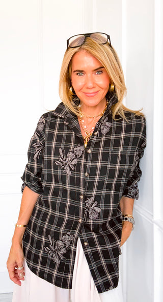 Plaid & Bloom Patch Italian Button Top