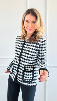 Houndstooth Tweed Jacket - White/ Black-160 Jackets-SANTOORI-Coastal Bloom Boutique, find the trendiest versions of the popular styles and looks Located in Indialantic, FL