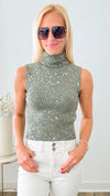 Turtleneck Speckled Italian Tank - Army Green /Silver-100 Sleeveless Tops-Germany-Coastal Bloom Boutique, find the trendiest versions of the popular styles and looks Located in Indialantic, FL