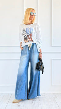 Drawstring Wide-Leg Frayed Hem Pants-190 Denim-DOE AND RAE-Coastal Bloom Boutique, find the trendiest versions of the popular styles and looks Located in Indialantic, FL