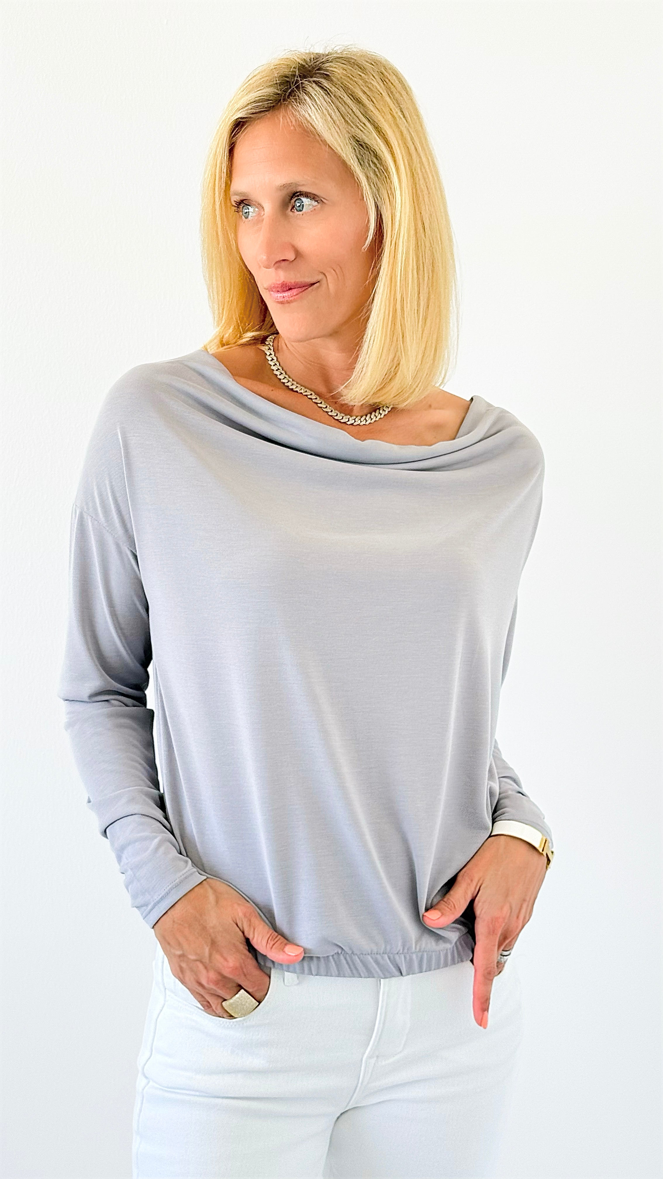 Draped Desire Everywhere Cowl Neck Top - Silver-110 Long Sleeve Tops-Ariella-Coastal Bloom Boutique, find the trendiest versions of the popular styles and looks Located in Indialantic, FL
