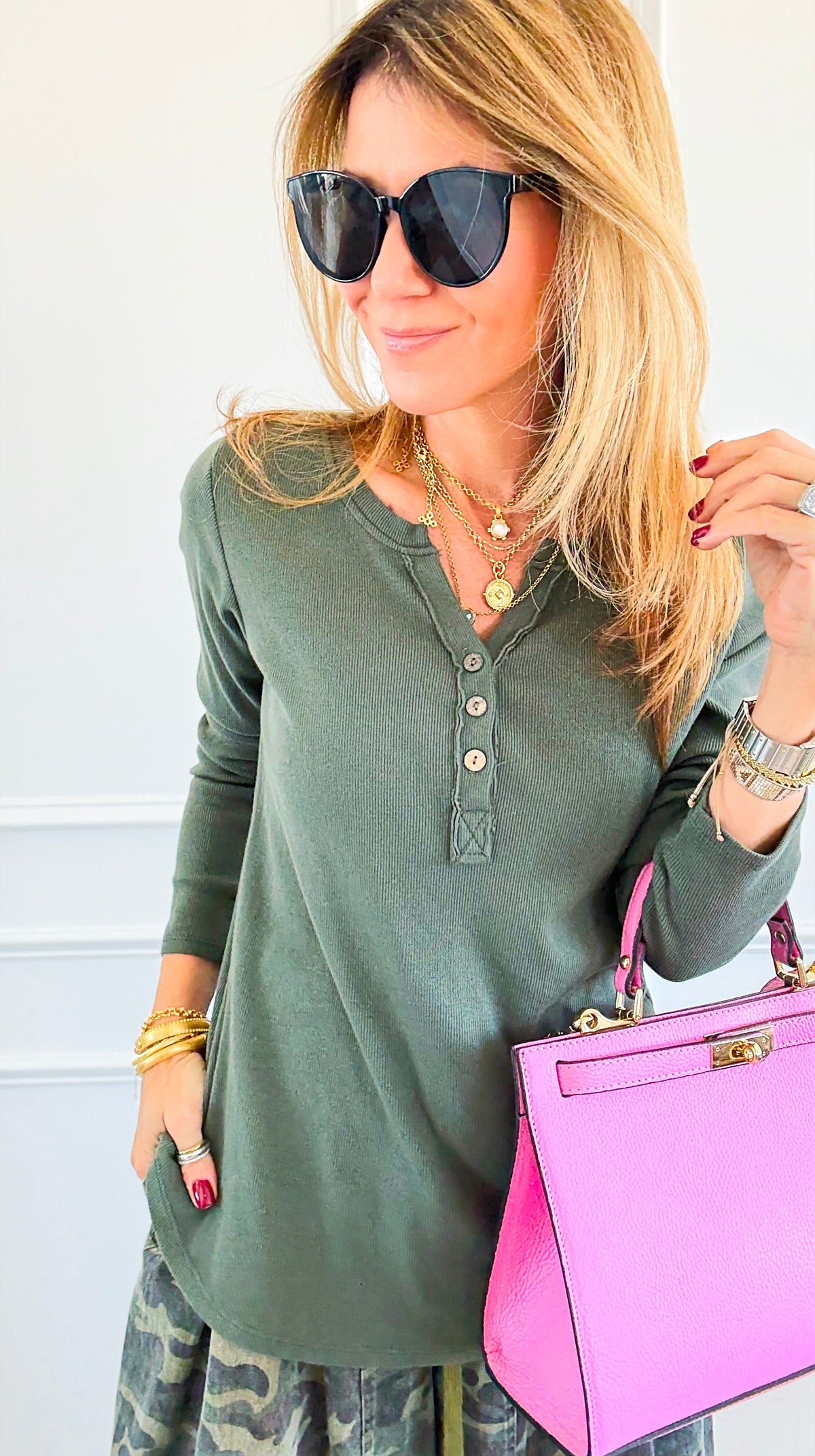 Italian Rib V-Neck Henley Top-Olive-110 Long Sleeve Tops-FATTURA ACCOMPAGNATORIA-Coastal Bloom Boutique, find the trendiest versions of the popular styles and looks Located in Indialantic, FL