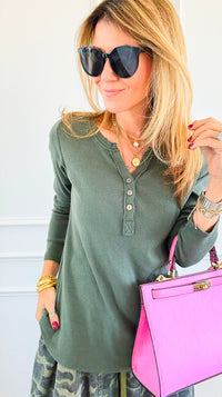 Italian Rib V-Neck Henley Top-Olive-110 Long Sleeve Tops-FATTURA ACCOMPAGNATORIA-Coastal Bloom Boutique, find the trendiest versions of the popular styles and looks Located in Indialantic, FL