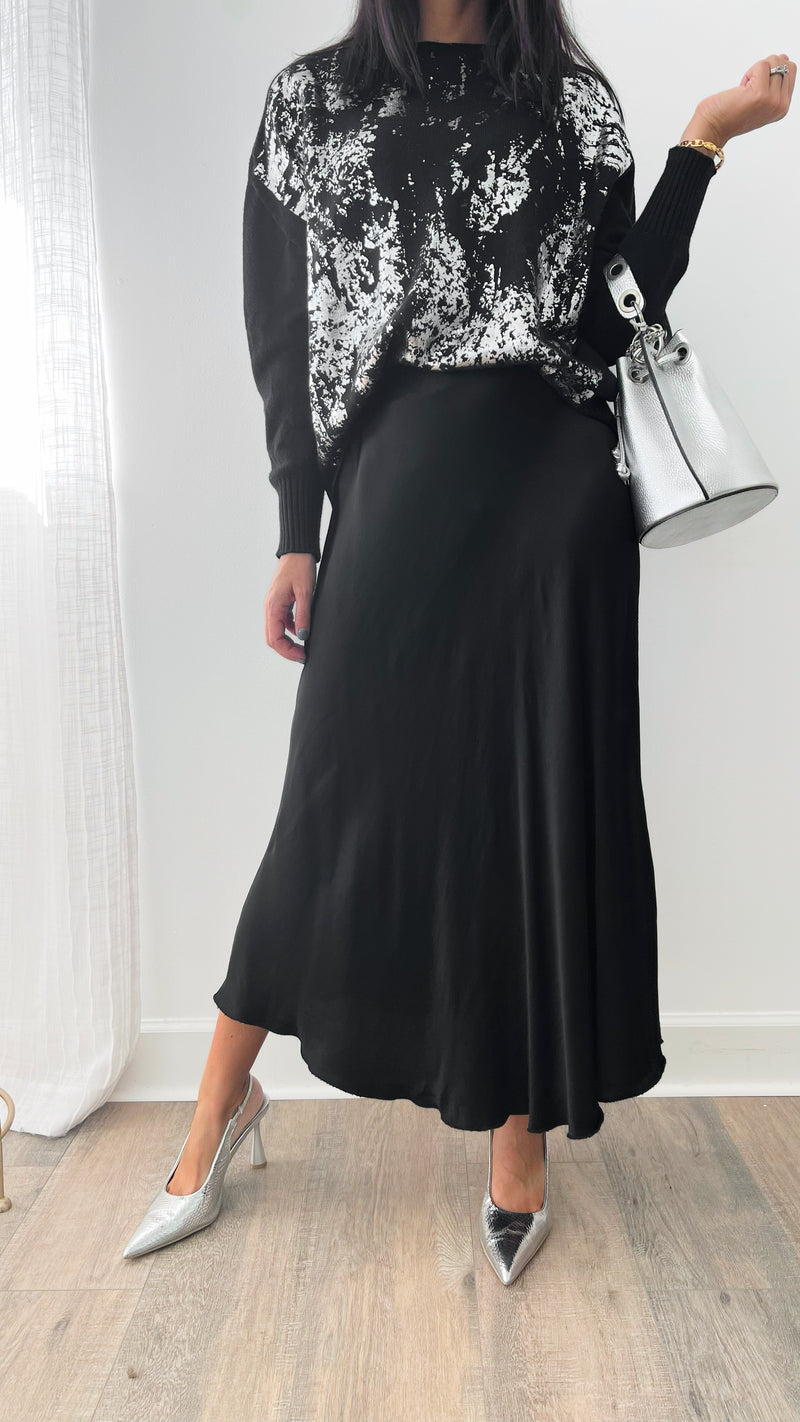 Brooklyn Italian Satin Midi Skirt - Black-170 Bottoms-Germany-Coastal Bloom Boutique, find the trendiest versions of the popular styles and looks Located in Indialantic, FL