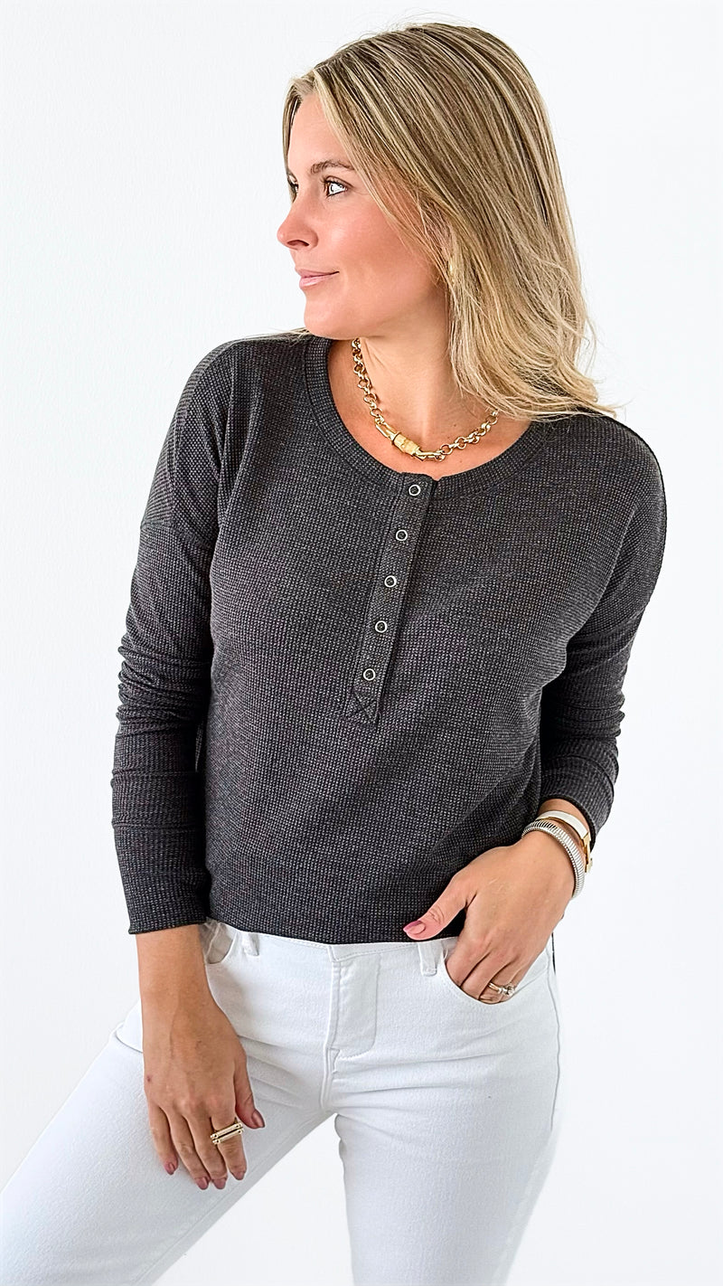 Button-Front Waffle Knit Top - Black-110 Long Sleeve Tops-Zenana-Coastal Bloom Boutique, find the trendiest versions of the popular styles and looks Located in Indialantic, FL