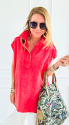 Weekend Ease Washed Collar Top - Red-110 Short Sleeve Tops-White Birch-Coastal Bloom Boutique, find the trendiest versions of the popular styles and looks Located in Indialantic, FL