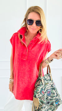 Weekend Ease Washed Collar Top - Red-110 Short Sleeve Tops-White Birch-Coastal Bloom Boutique, find the trendiest versions of the popular styles and looks Located in Indialantic, FL