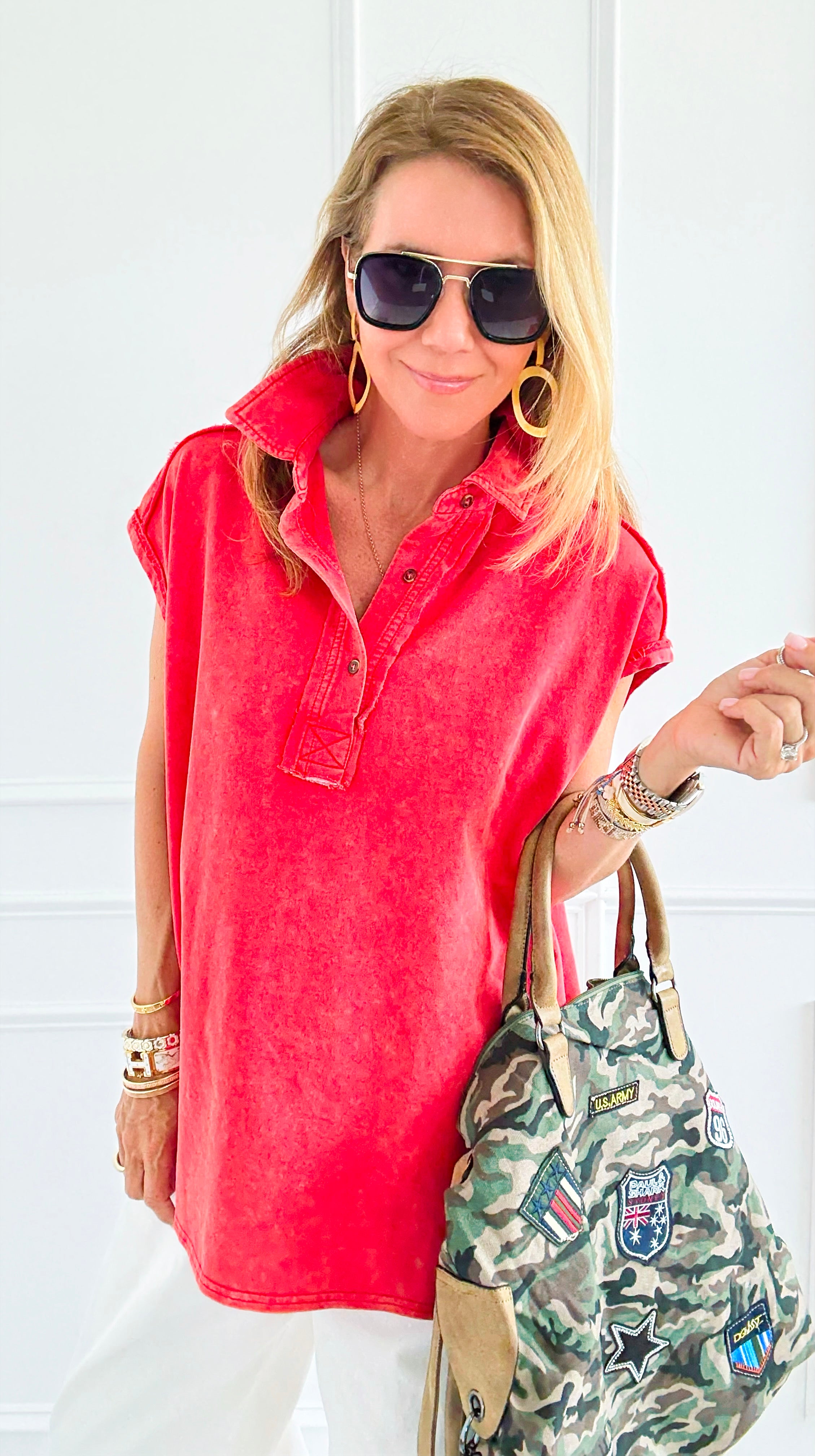 Weekend Ease Washed Collar Top - Red-110 Short Sleeve Tops-White Birch-Coastal Bloom Boutique, find the trendiest versions of the popular styles and looks Located in Indialantic, FL