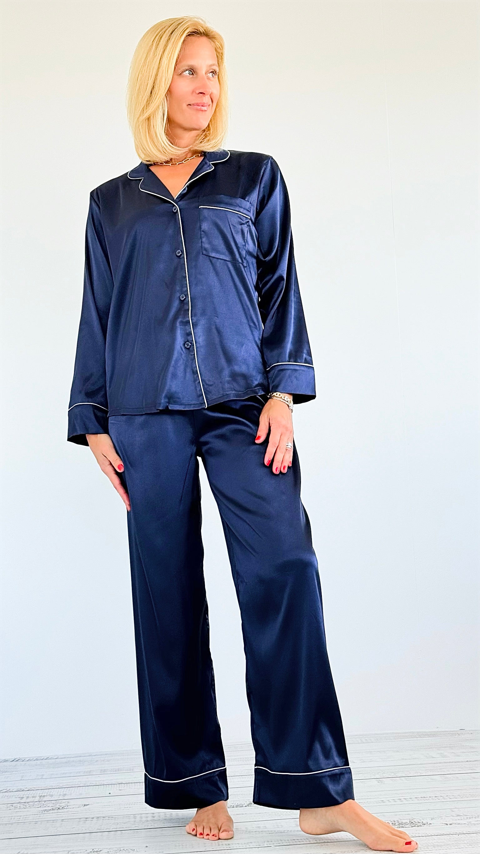 Luxe Satin Pajama Set-210 Loungewear/Sets-Zenana-Coastal Bloom Boutique, find the trendiest versions of the popular styles and looks Located in Indialantic, FL