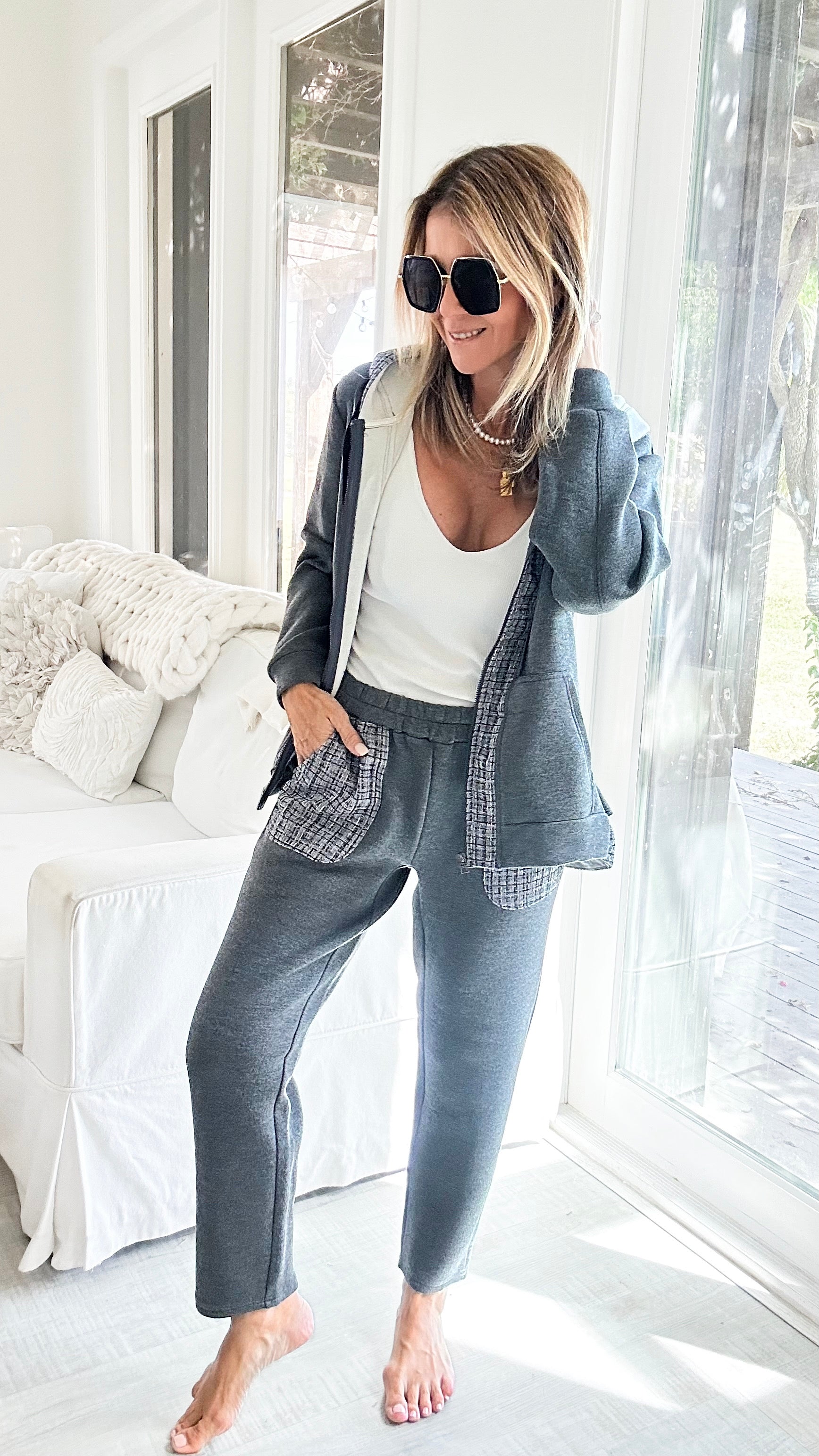 Ferne French Scuba Pant with Tweed - Charcoal-170 Bottoms-Joh Apparel-Coastal Bloom Boutique, find the trendiest versions of the popular styles and looks Located in Indialantic, FL