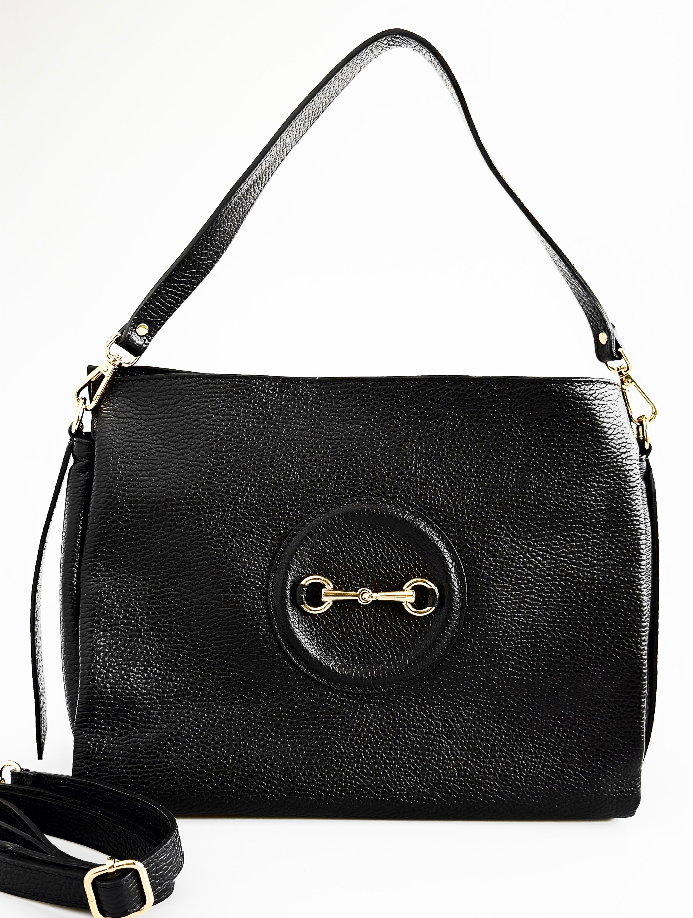 Italian Leather Horsebit Shoulder Bag-Black-240 Bags-ELLIS DI ZHENG GUOXUE-Coastal Bloom Boutique, find the trendiest versions of the popular styles and looks Located in Indialantic, FL