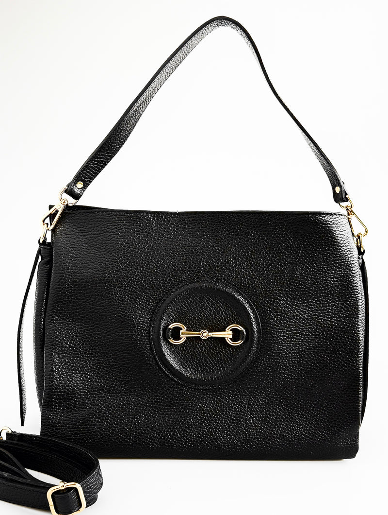 Italian Leather Horsebit Shoulder Bag-Black-240 Bags-ELLIS DI ZHENG GUOXUE-Coastal Bloom Boutique, find the trendiest versions of the popular styles and looks Located in Indialantic, FL