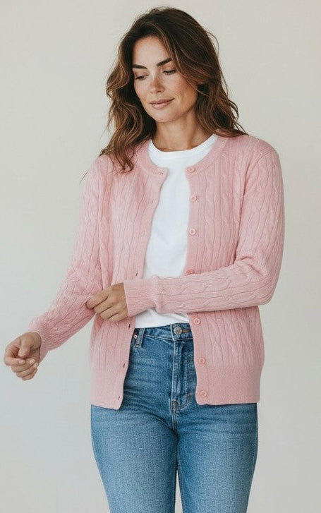Cable Knit Crew Neck Cardigan- Dusty Pink￼-140 Sweaters-CIELO-Coastal Bloom Boutique, find the trendiest versions of the popular styles and looks Located in Indialantic, FL