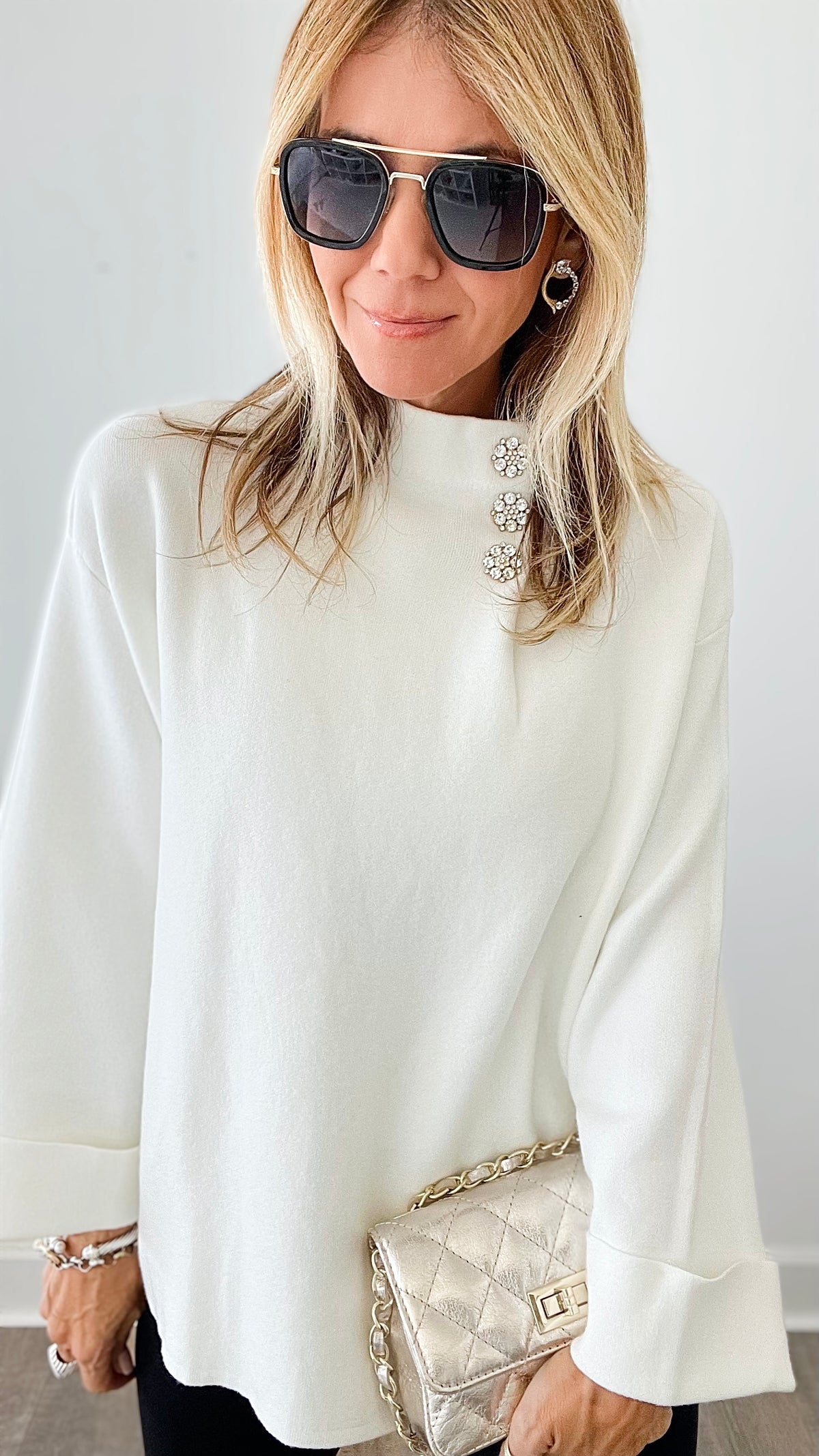 Bejeweled Italian Sweater - Ivory-140 Sweaters-Yolly-Coastal Bloom Boutique, find the trendiest versions of the popular styles and looks Located in Indialantic, FL