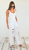 Rhinestone Pockets Trim Distressed Pants - White-170 Bottoms-Hot & Delicious-Coastal Bloom Boutique, find the trendiest versions of the popular styles and looks Located in Indialantic, FL