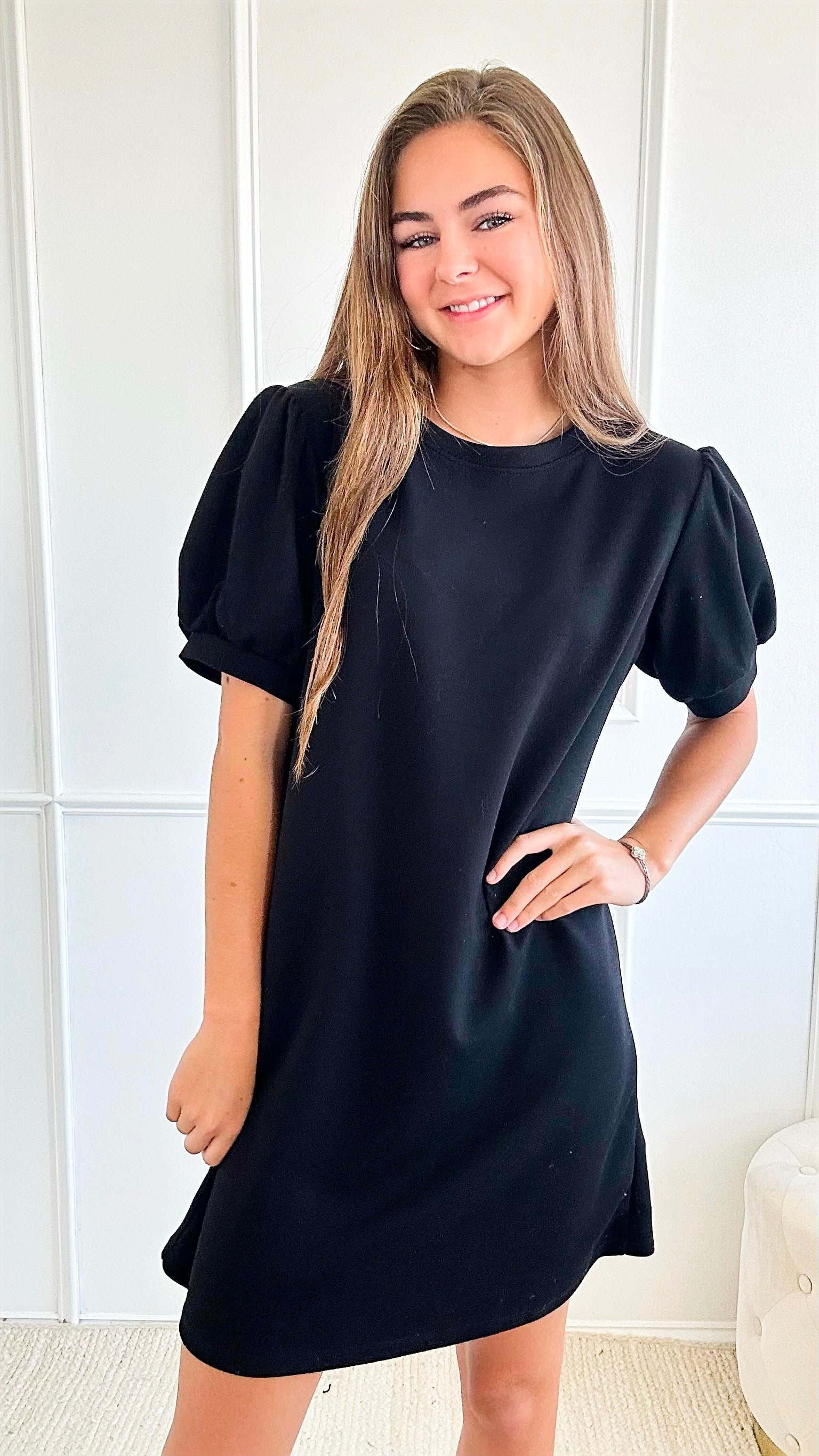 Classic Charm Italian Puff Sleeve Dress - Black-200 dresses/jumpsuits/rompers-Italianissimo-Coastal Bloom Boutique, find the trendiest versions of the popular styles and looks Located in Indialantic, FL