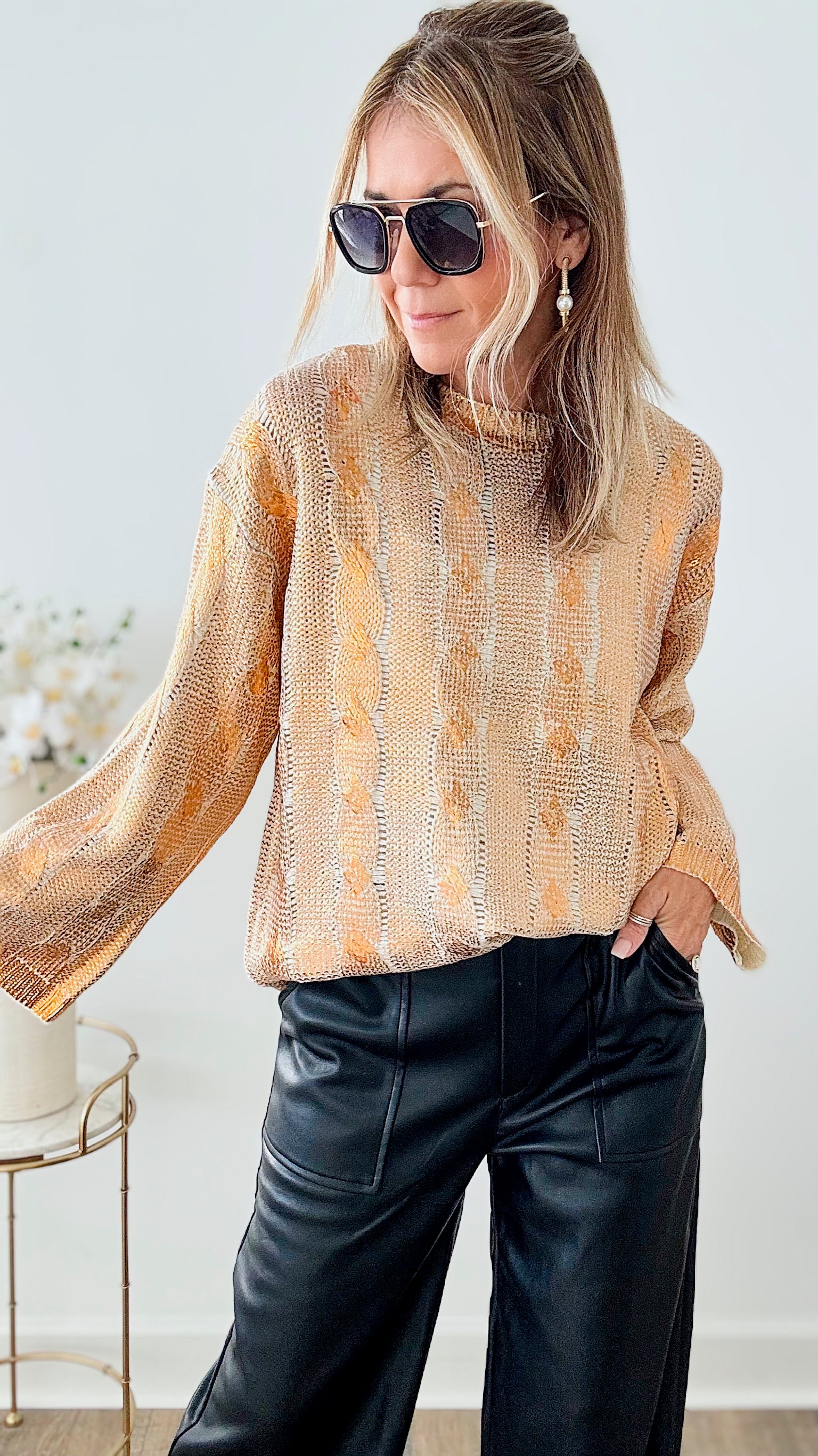 Metallic Cable Knit Relaxed Sweater - Metallic Copper-140 Sweaters-JODIFL-Coastal Bloom Boutique, find the trendiest versions of the popular styles and looks Located in Indialantic, FL