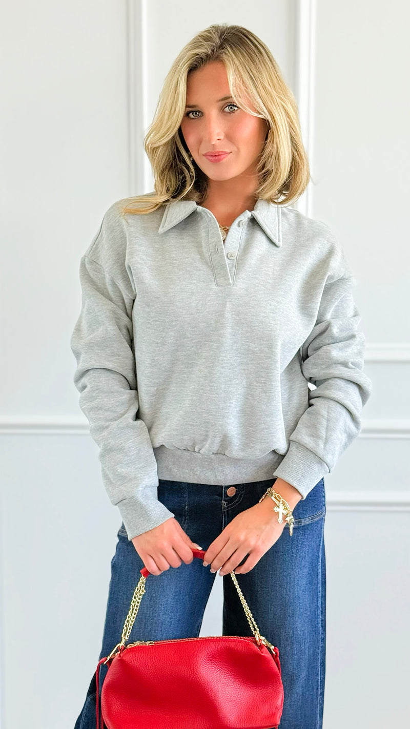 Whispered Grace Polo Top - Heather Grey-130 Long Sleeve Tops-Rosio-Coastal Bloom Boutique, find the trendiest versions of the popular styles and looks Located in Indialantic, FL