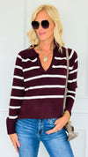 Weekend Club Striped Polo Sweater - Burgundy-140 Sweaters-LOVE TREE-Coastal Bloom Boutique, find the trendiest versions of the popular styles and looks Located in Indialantic, FL