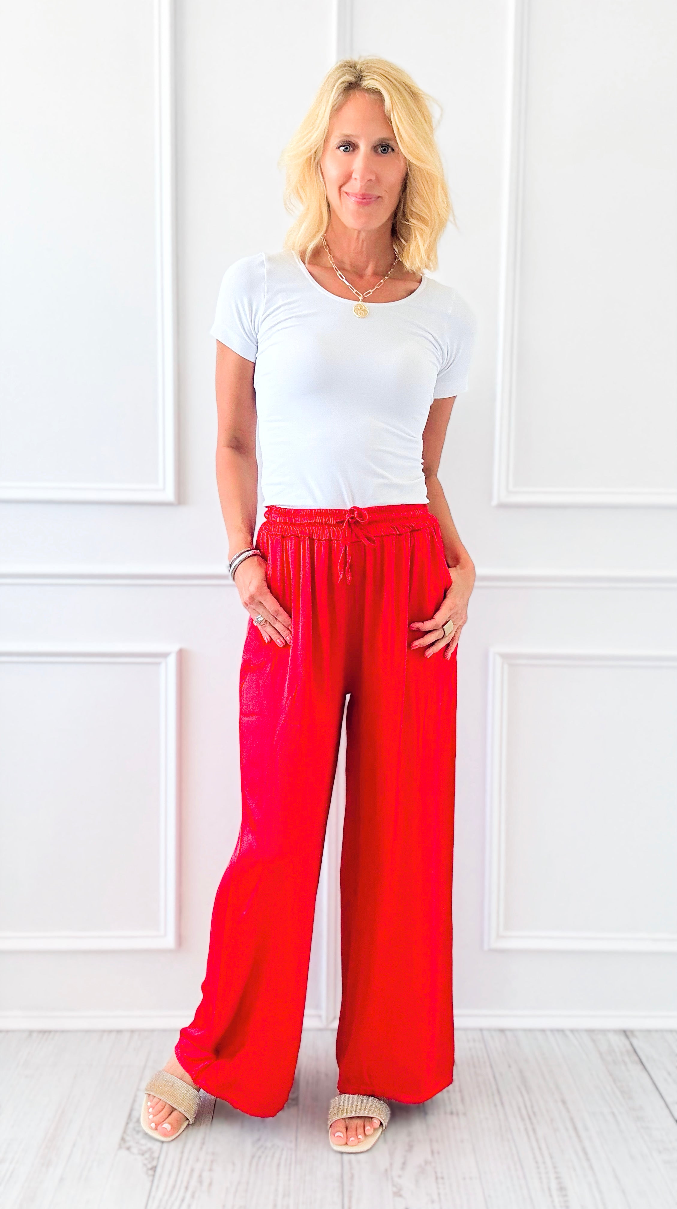 Angora Italian Satin Pant - Red-170 Bottoms-Italianissimo-Coastal Bloom Boutique, find the trendiest versions of the popular styles and looks Located in Indialantic, FL