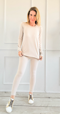 Soft Round Neck Top & Leggings Lounge Set - Sand Beige-210 Loungewear/Sets-Zenana-Coastal Bloom Boutique, find the trendiest versions of the popular styles and looks Located in Indialantic, FL