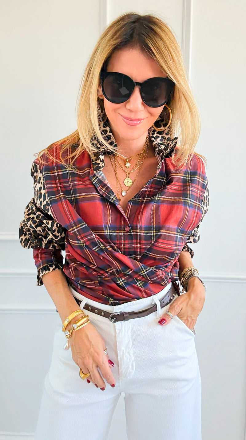 Rebel Ruffled Plaid & Leopard Italian Shirt-110 Long Sleeve Tops-TATTOO Z-Coastal Bloom Boutique, find the trendiest versions of the popular styles and looks Located in Indialantic, FL