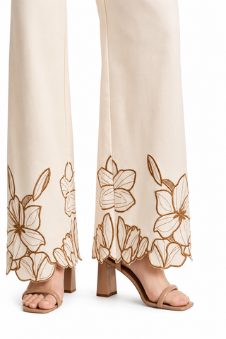 Floral Embroidered Scallop Hem Wide Leg Pants
