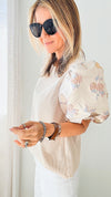 Glossy Floral Puff Sleeve Ribbed Blouse-130 Long Sleeve Tops-T H M L-Coastal Bloom Boutique, find the trendiest versions of the popular styles and looks Located in Indialantic, FL