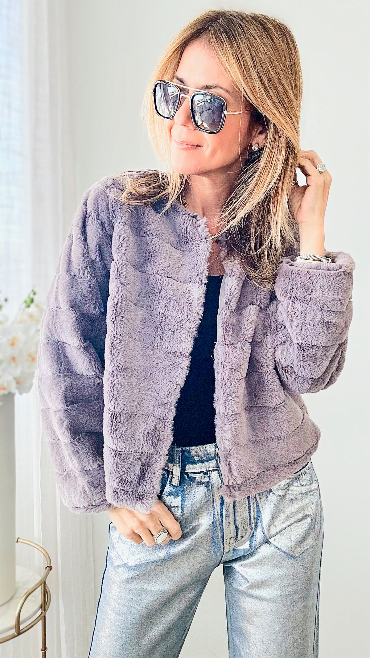 Fuzzy Long Sleeve Jacket- Grey-160 Jackets-Rousseau-Coastal Bloom Boutique, find the trendiest versions of the popular styles and looks Located in Indialantic, FL