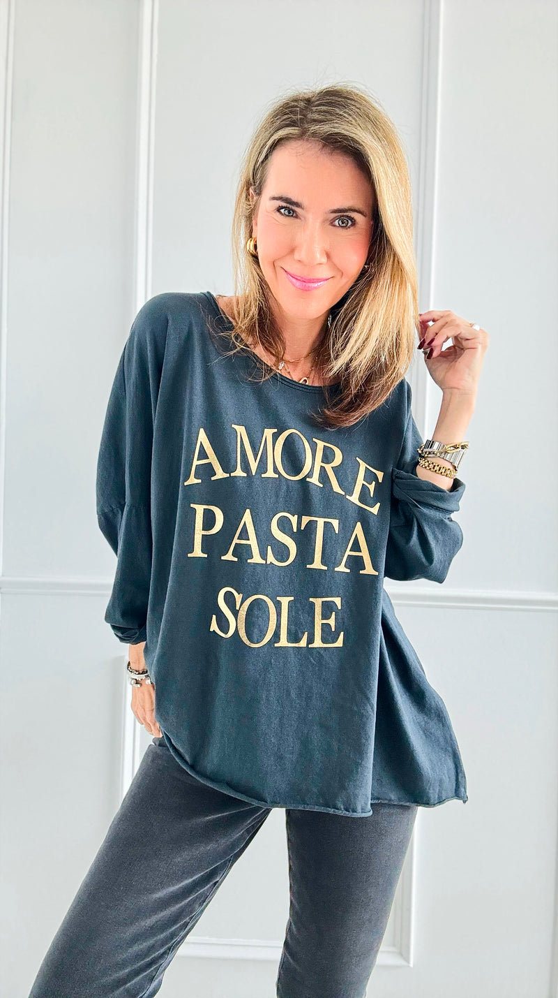 " Amore Pasta Sole" Italian T- Shirt- Charcoal-t-shirt-Italianissimo-Coastal Bloom Boutique, find the trendiest versions of the popular styles and looks Located in Indialantic, FL