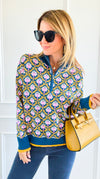 Tri-Bloom Zip Mock Sweater-Peacock Blue Multi-140 Sweaters-&MERCI-Coastal Bloom Boutique, find the trendiest versions of the popular styles and looks Located in Indialantic, FL