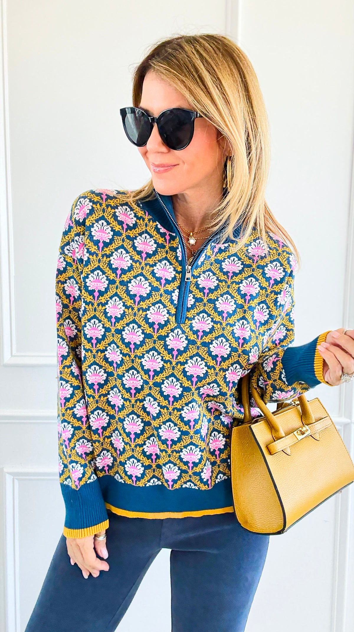 Tri-Bloom Zip Mock Sweater-Peacock Blue Multi-140 Sweaters-&MERCI-Coastal Bloom Boutique, find the trendiest versions of the popular styles and looks Located in Indialantic, FL