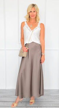 Isabella Italian Skirt- Taupe-170 Bottoms-SEE YOU IN ROME-Coastal Bloom Boutique, find the trendiest versions of the popular styles and looks Located in Indialantic, FL