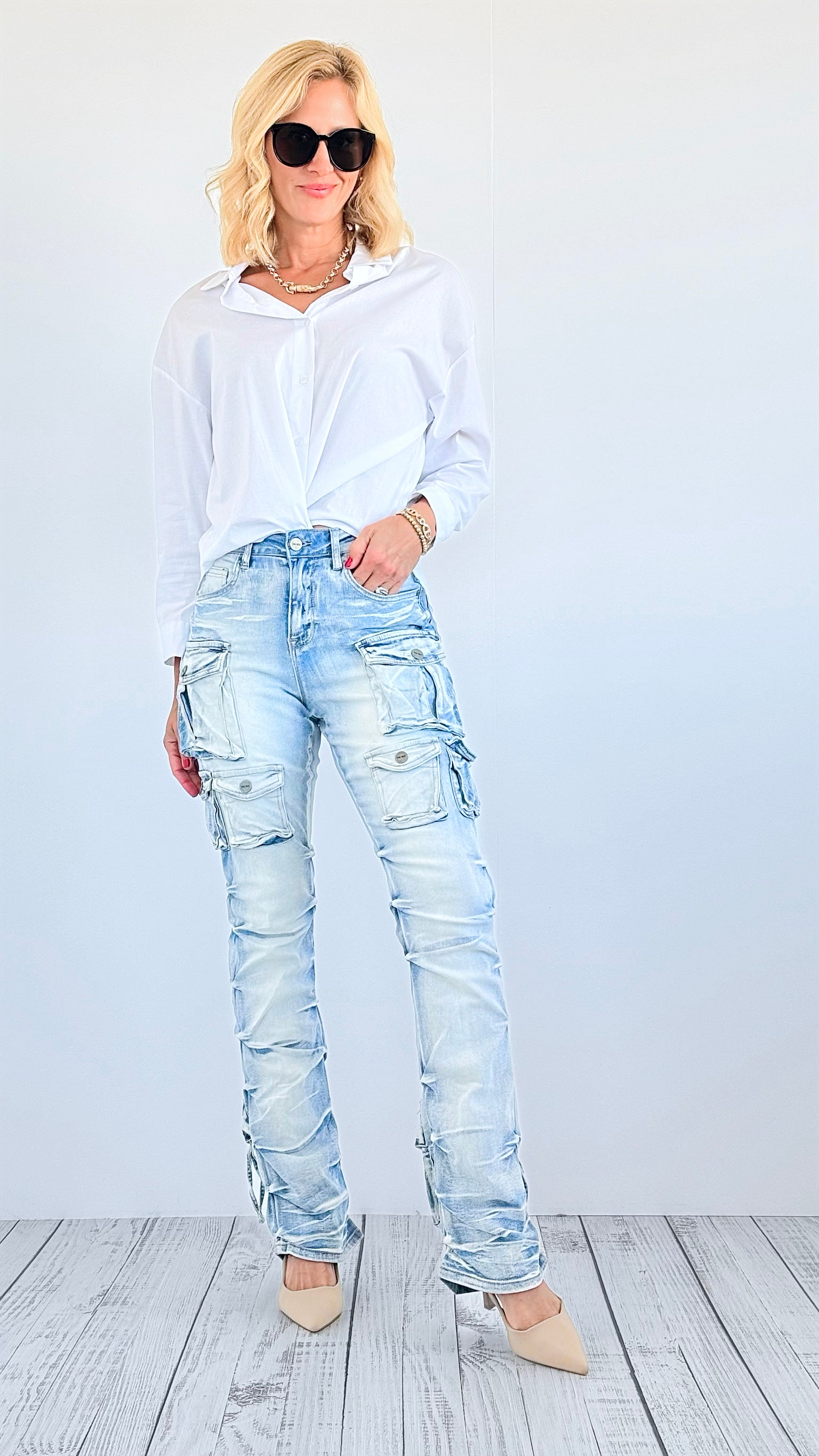 Street Style Cargo Denim Pants - Light Washed Denim-170 Bottoms-SMOKE RISE RED-Coastal Bloom Boutique, find the trendiest versions of the popular styles and looks Located in Indialantic, FL