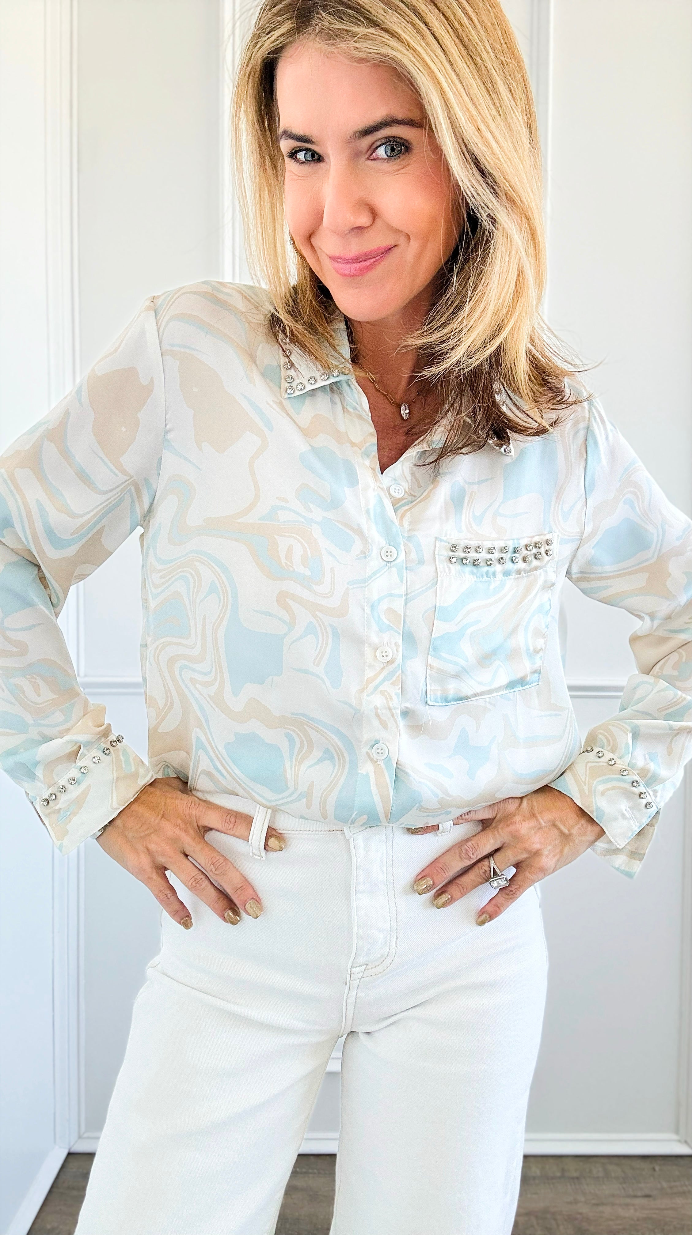 Marble Printed Embellished Top-130 Long Sleeve Tops-Rousseau-Coastal Bloom Boutique, find the trendiest versions of the popular styles and looks Located in Indialantic, FL